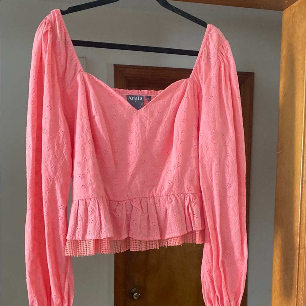 ARULA Pink Puff Sleeve Ruffled Peplum Blouse
